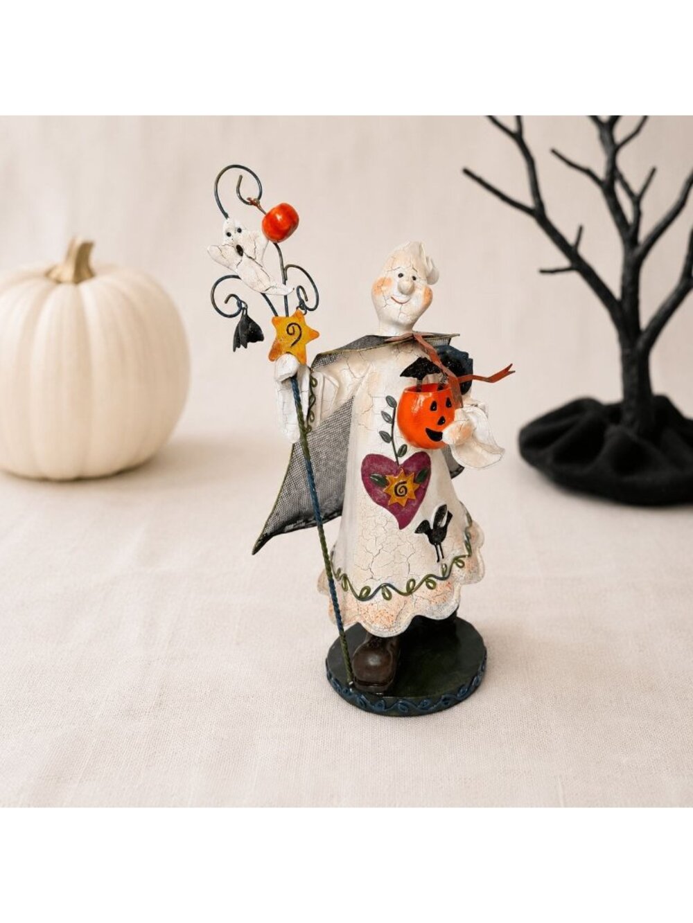Pier One Halloween Ghost Figurine Crackle Metalwork VTG Spooky Folk Art Decor